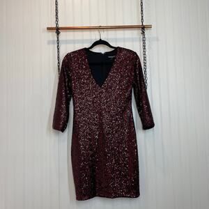 Express Women’s Sequined Burgundy V-Neck Mini Sheath Dress Size 4